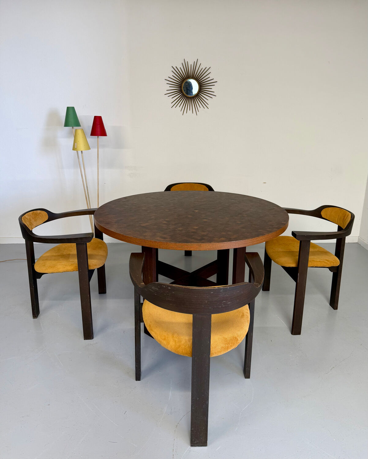 Vintage marquetry wooden table designed by Dieter Waeckerlin for Idealheim an70.