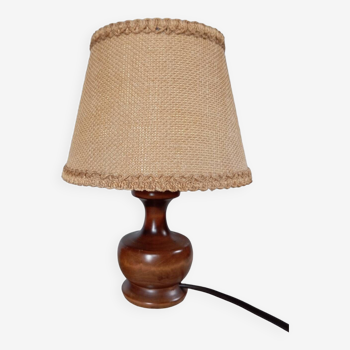 Dark stained turned wood table lamp, camel jute lampshade 1960