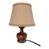 Dark stained turned wood table lamp, camel jute lampshade 1960