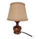 Dark stained turned wood table lamp, camel jute lampshade 1960