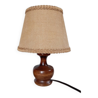 Dark stained turned wood table lamp, camel jute lampshade 1960