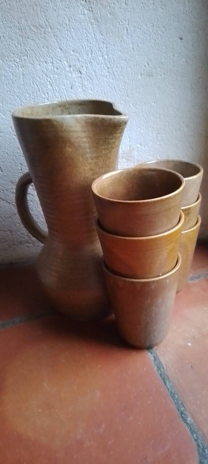 Vintage Digoin stoneware glasses and carafe set