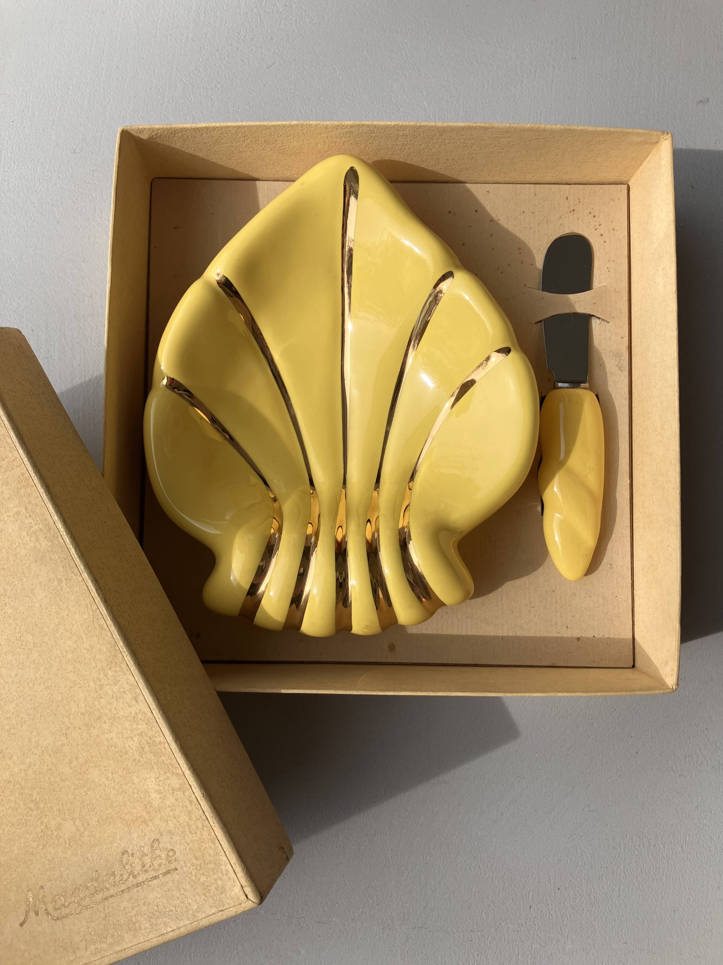 Art Deco butter dish with yellow and gold knife in ceramic