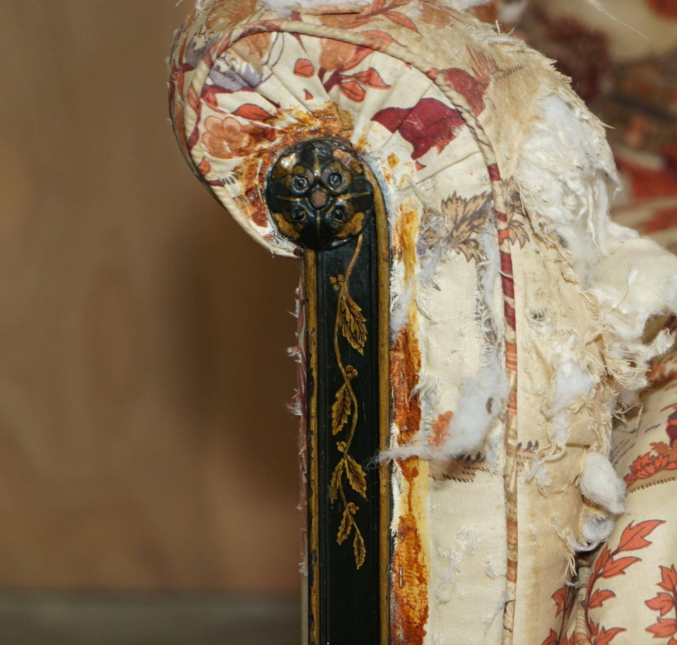 Antique Howard & Sons canapé, Aesthetic Movement, claw and ball feet, chinoiserie fabric.