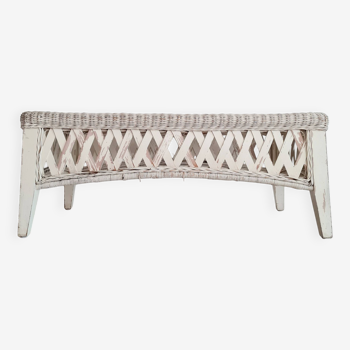 Patinated white rattan coffee table with smoked glass top