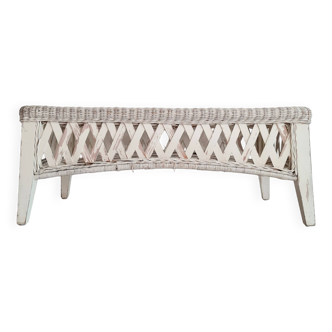 Patinated white rattan coffee table with smoked glass top