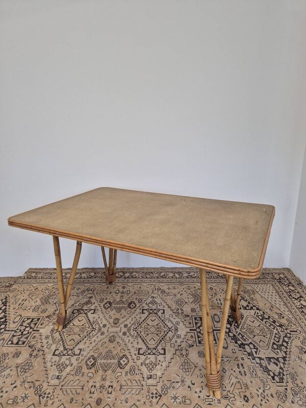 Table de salle à manger pieds compas en rotin, 1950