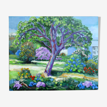 Tableau Huile représentant un jardin coloré et joyeux 65 x 54 cms