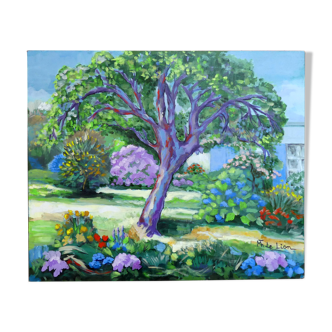 Tableau Huile représentant un jardin coloré et joyeux 65 x 54 cms
