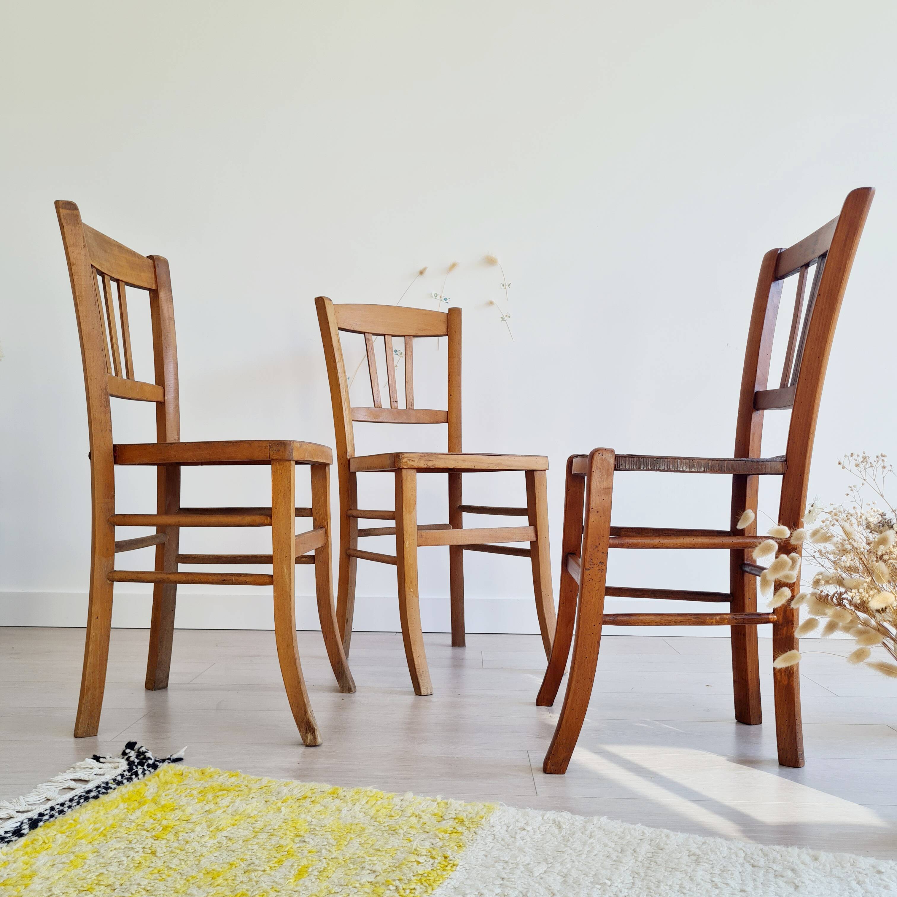 3 old wooden bistro chairs