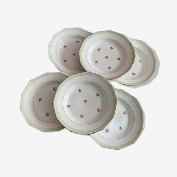 Set of 6 octagonal hollow plates in 1960s porcelain flowers