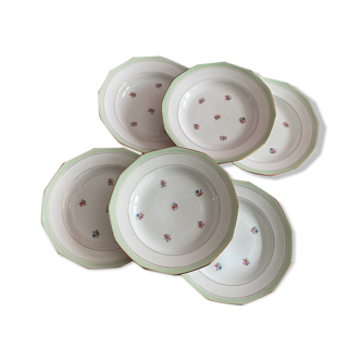 Set of 6 octagonal hollow plates in 1960s porcelain flowers