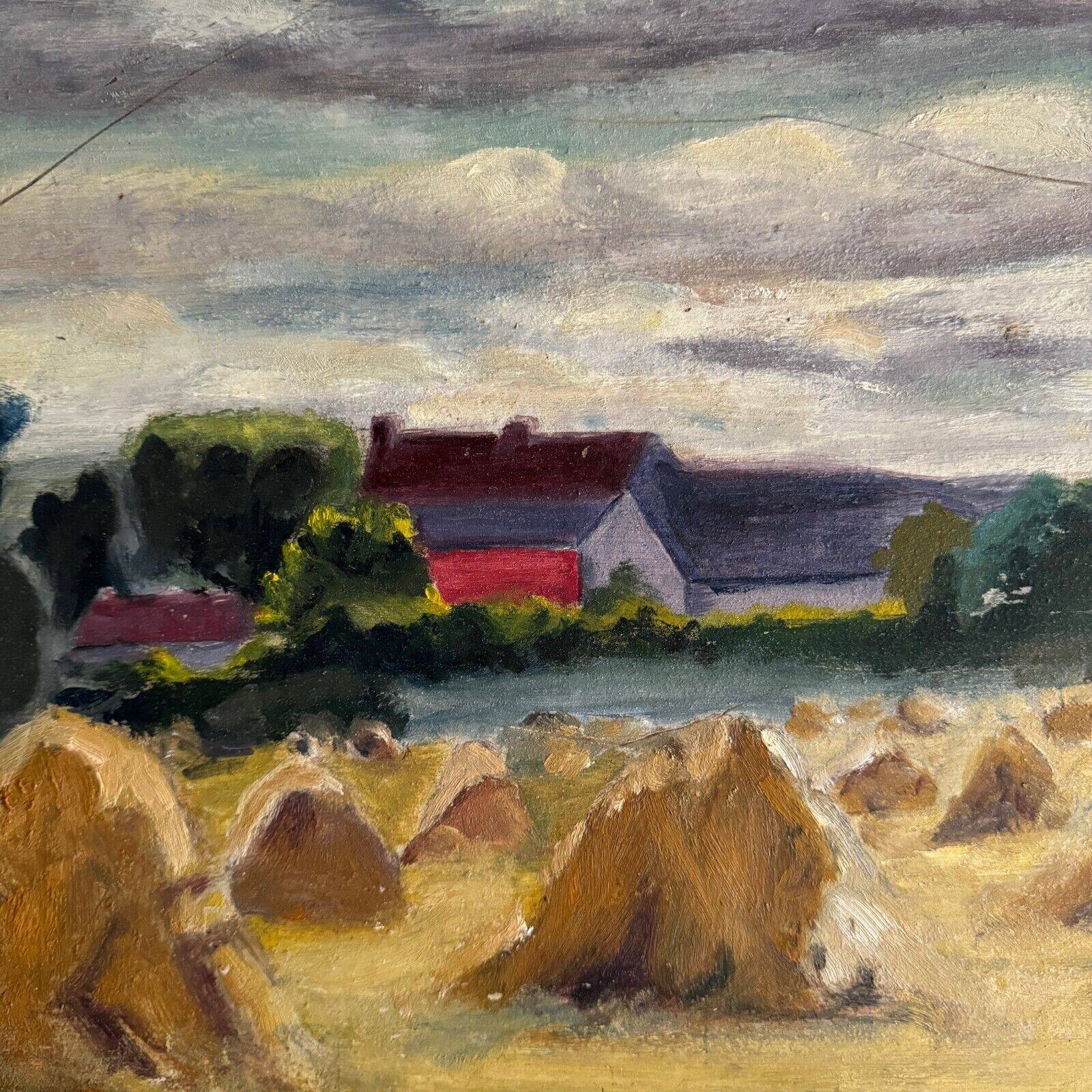 Oil on panel haystacks 20th century whitewashed frame