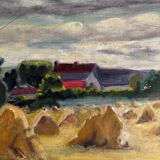 Oil on panel haystacks 20th century whitewashed frame