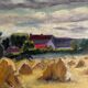 Oil on panel haystacks 20th century whitewashed frame