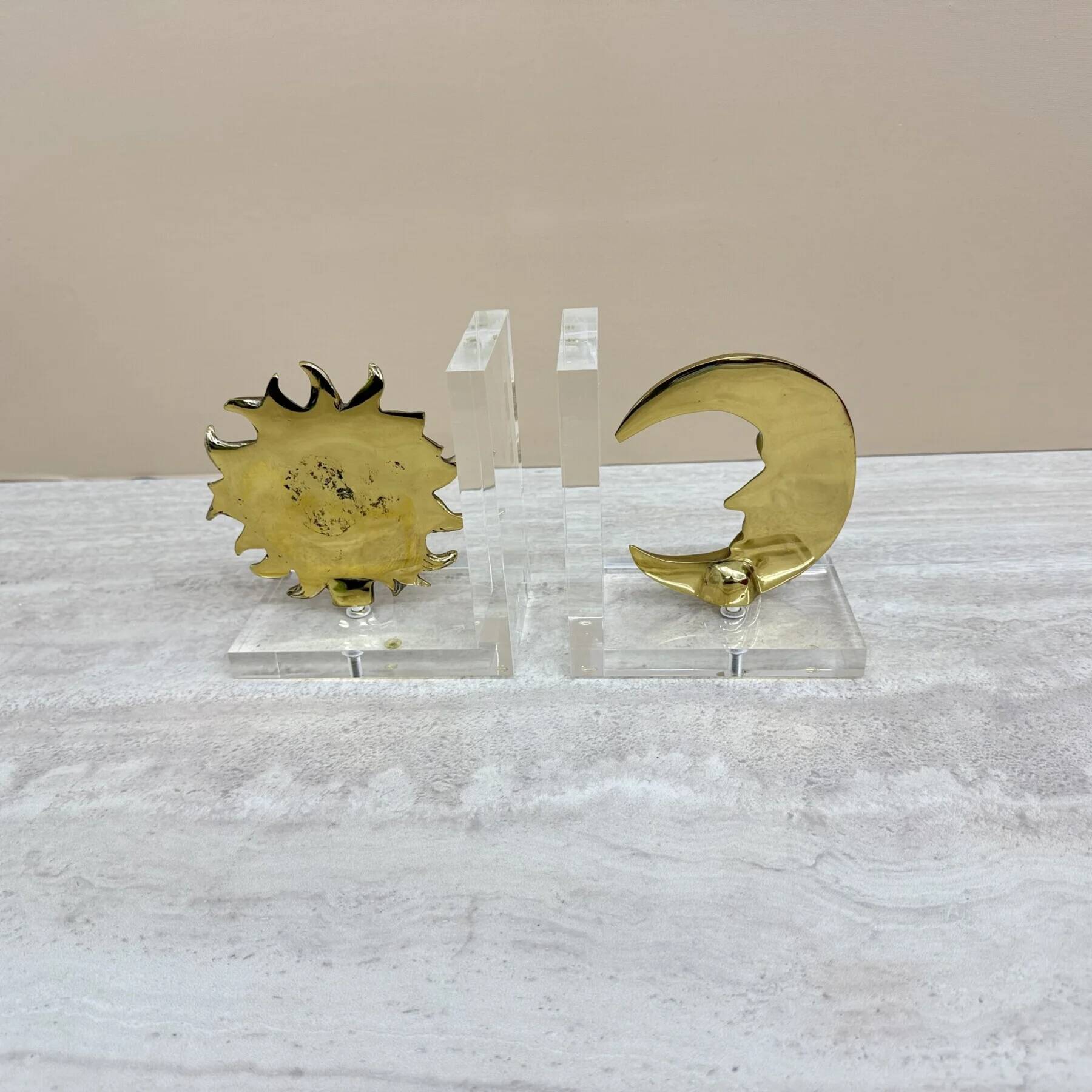 Vintage bookends sun and moon lucite and brass, 1970s