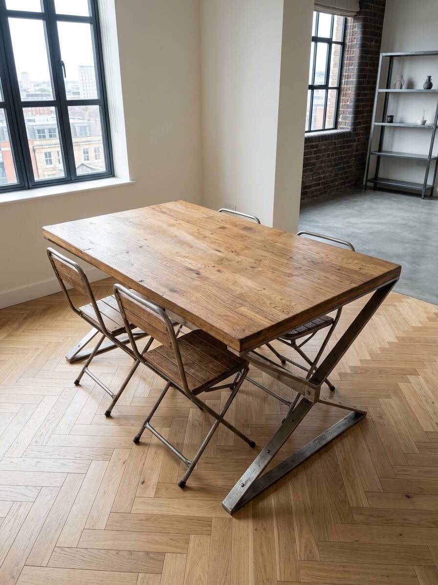 Industrial wooden dining table: spacious top and 4 matching chairs.