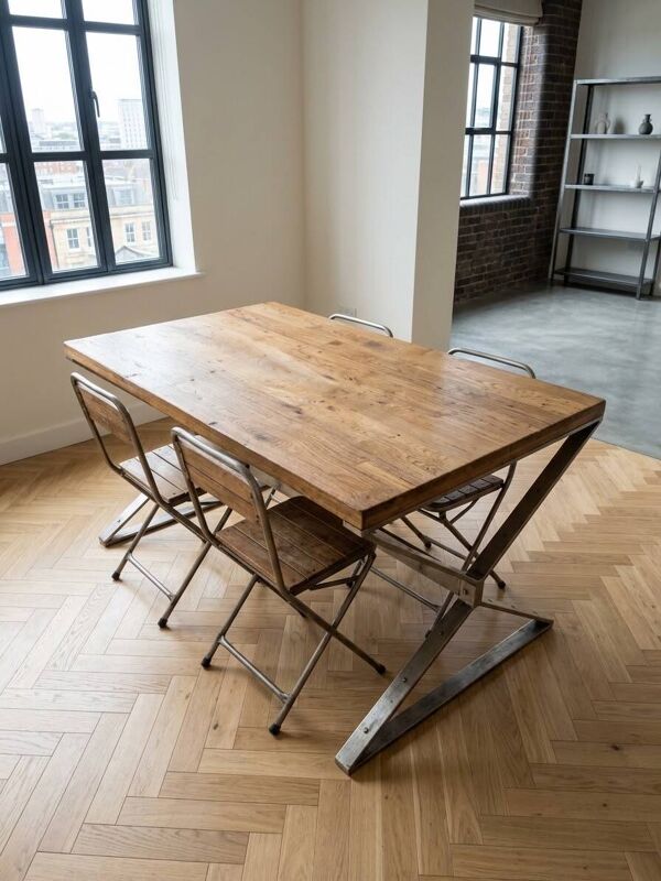 Ensemble table industrielle en bois : plateau spacieux et 4 chaises assorties