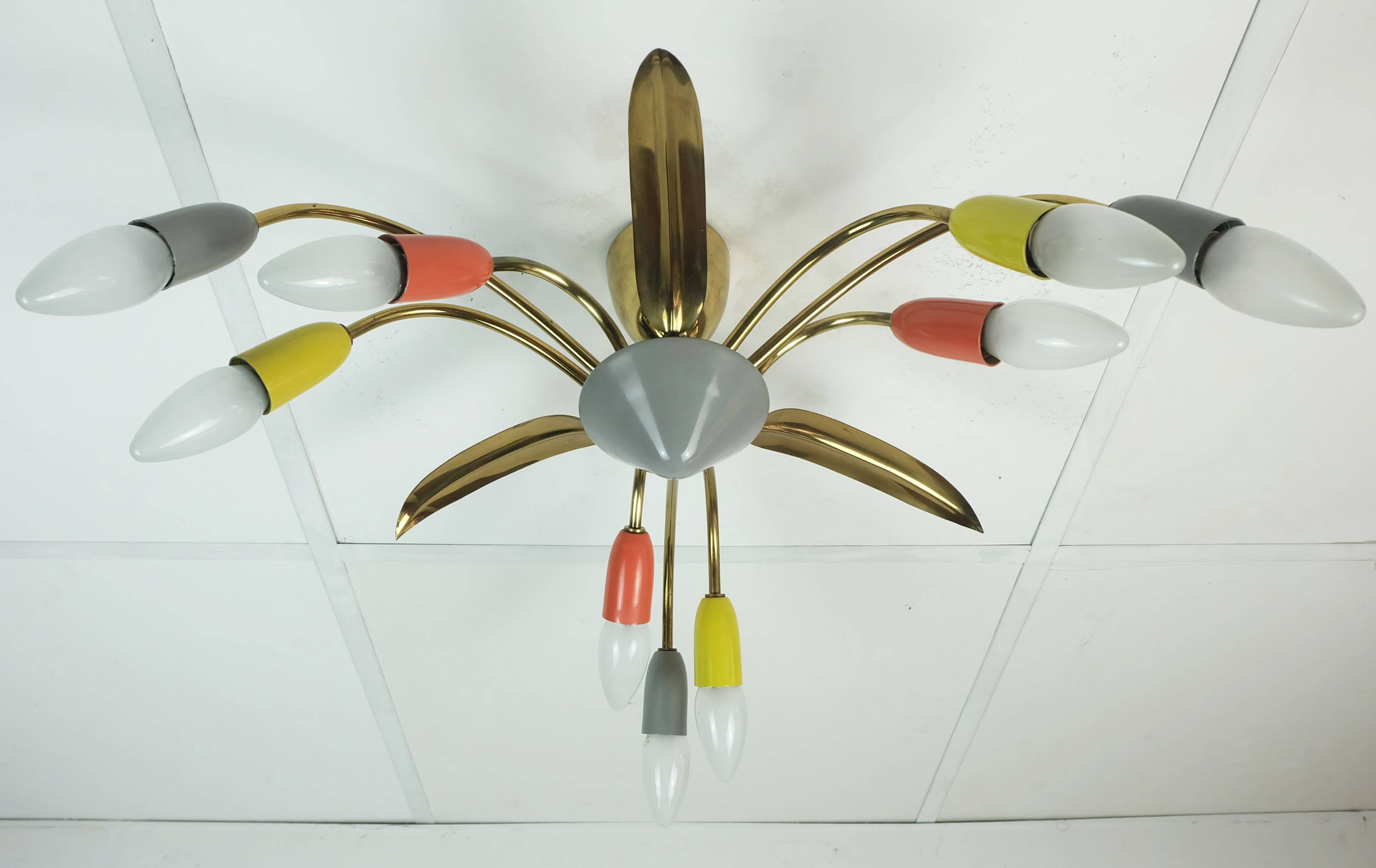 1950s mid century sputnik spider 9-light CEILING LAMP brass metal