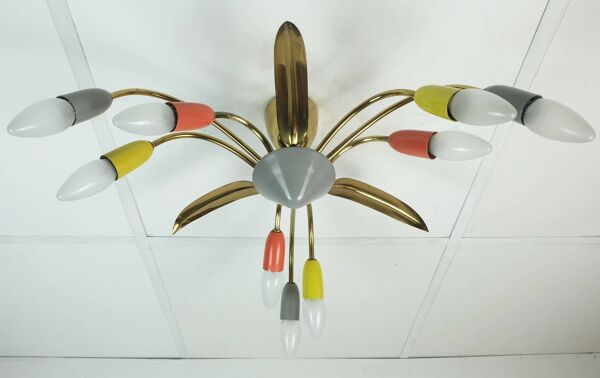 Lampe de plafond en laiton métal 9 lumières sputnik araignée des années 1950.