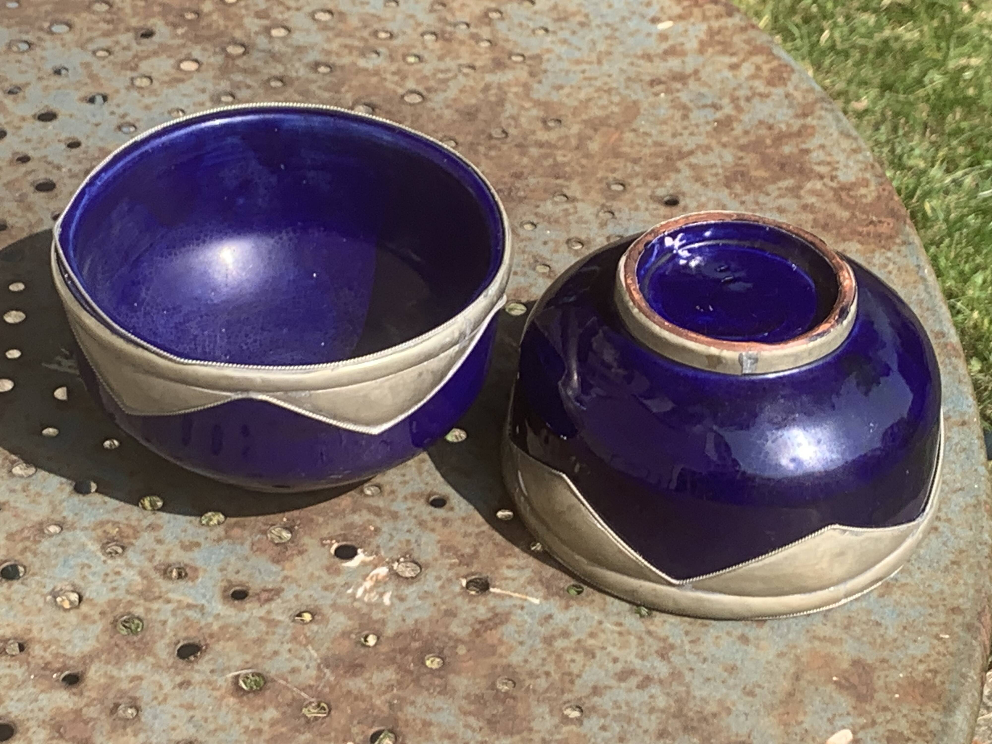 Two blue glazed ceramic and tin bowls, handmade, vintage oriental
