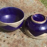 Two blue glazed ceramic and tin bowls, handmade, vintage oriental