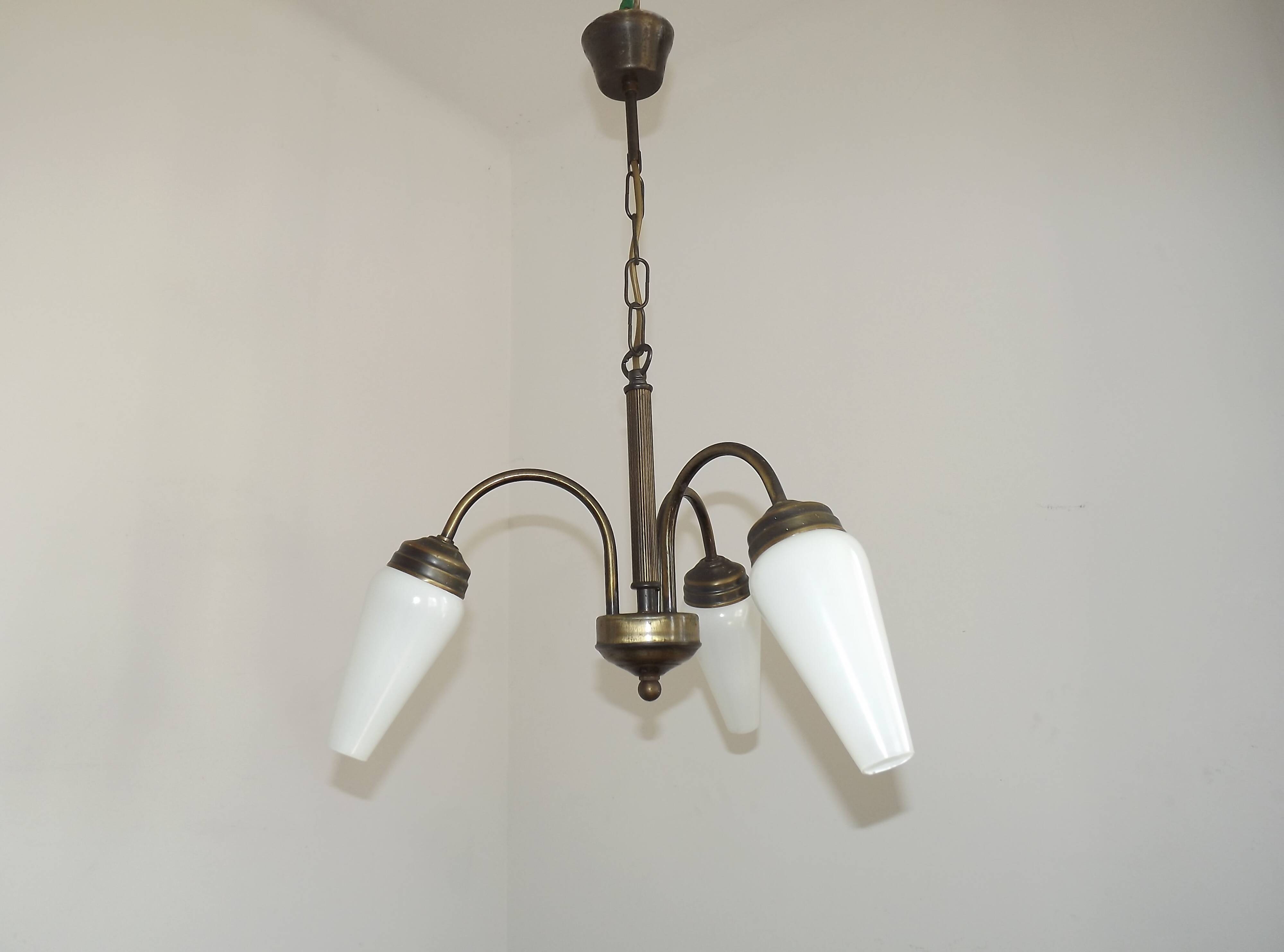 French Vintage Retro Bronze Effect Metal 3 Light Chandelier Glass Shade