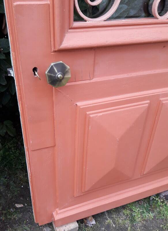 Entrance door 264x99cm old walnut oak wrought iron grille glass panel