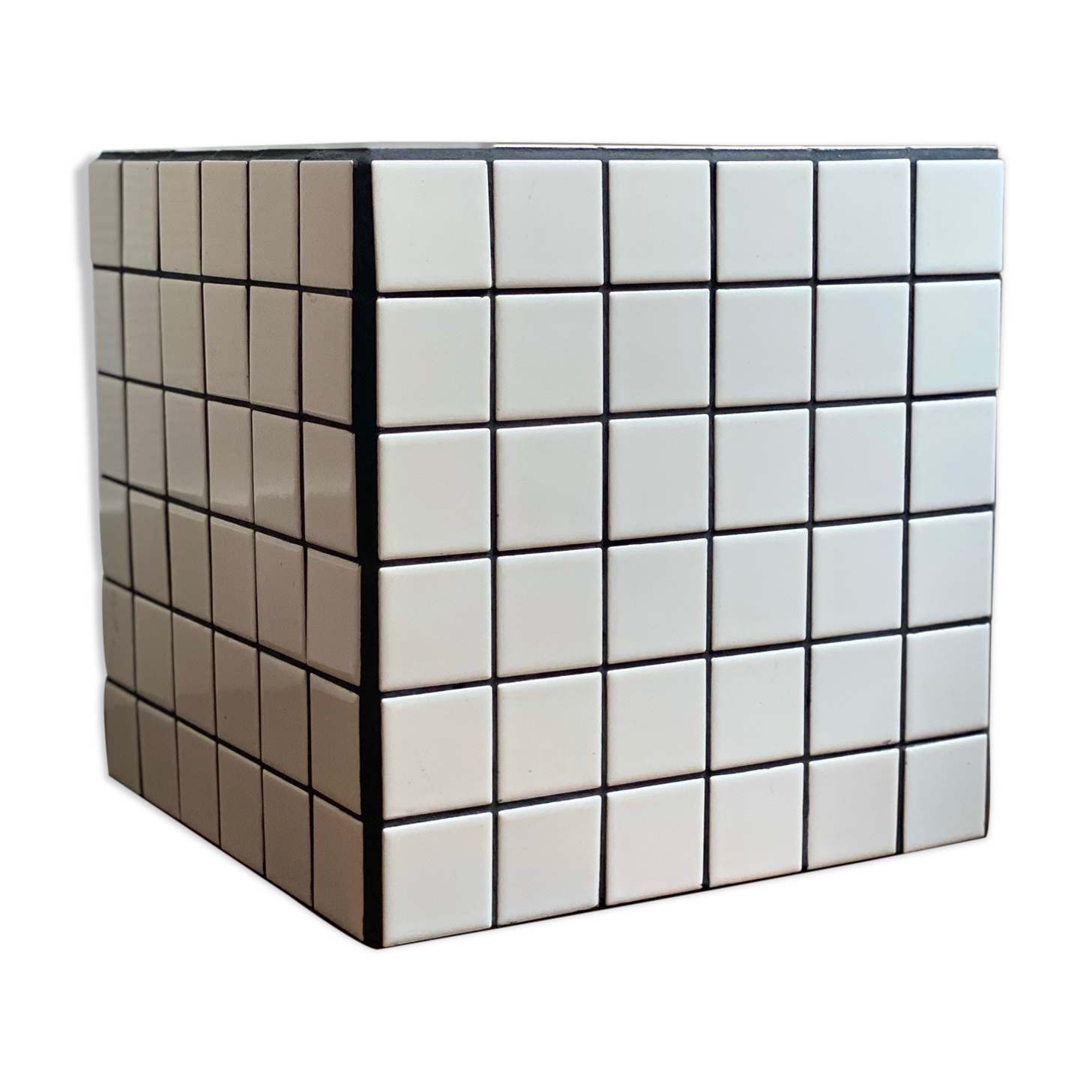 Checkerboard cube bedside table tiled white retro black tile