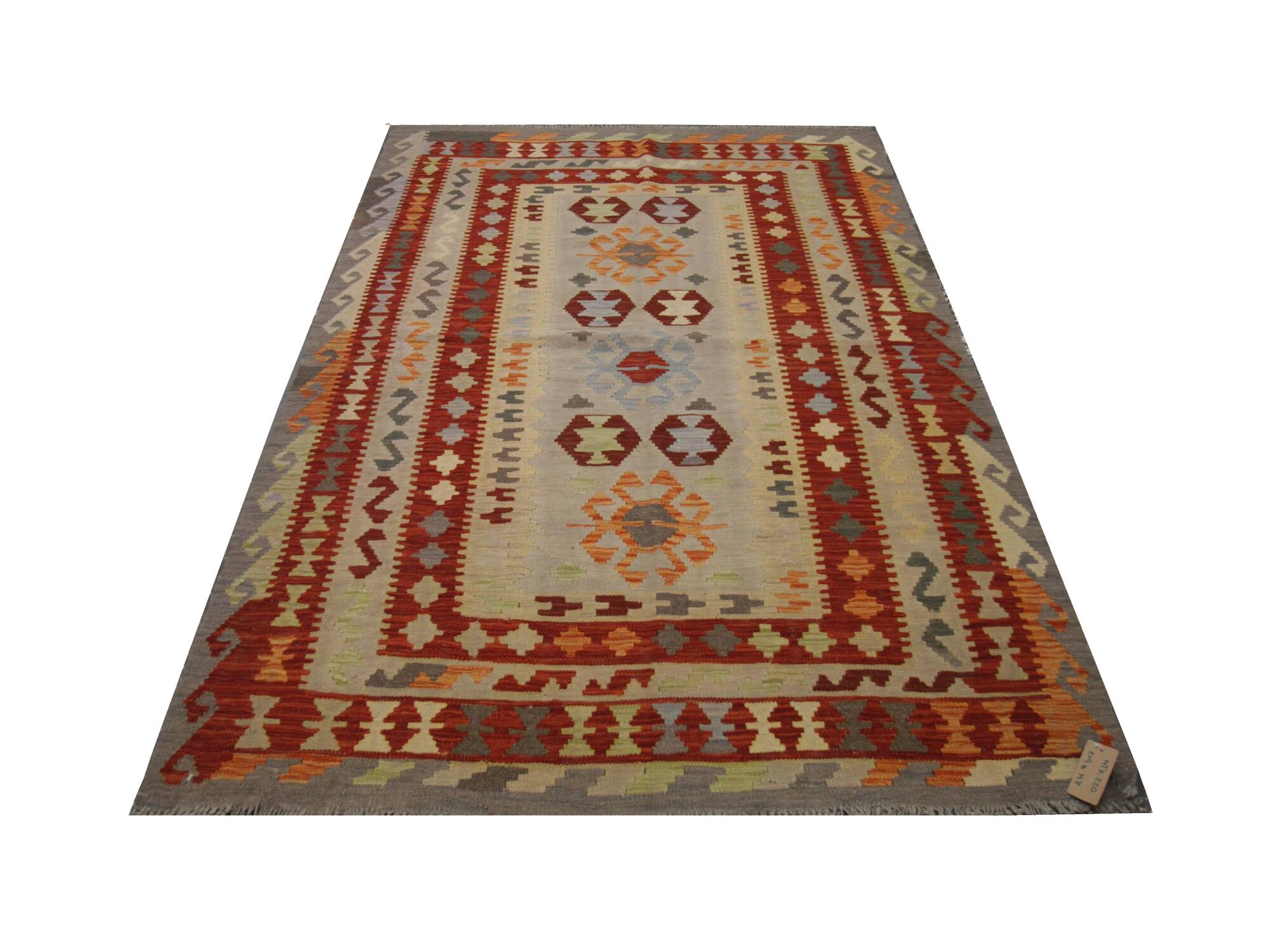 Tapis Kilim en laine fait main rouge et beige, tissage plat oriental tribal 204 x 148 cm