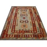 Tapis Kilim en laine fait main rouge et beige, tissage plat oriental tribal 204 x 148 cm