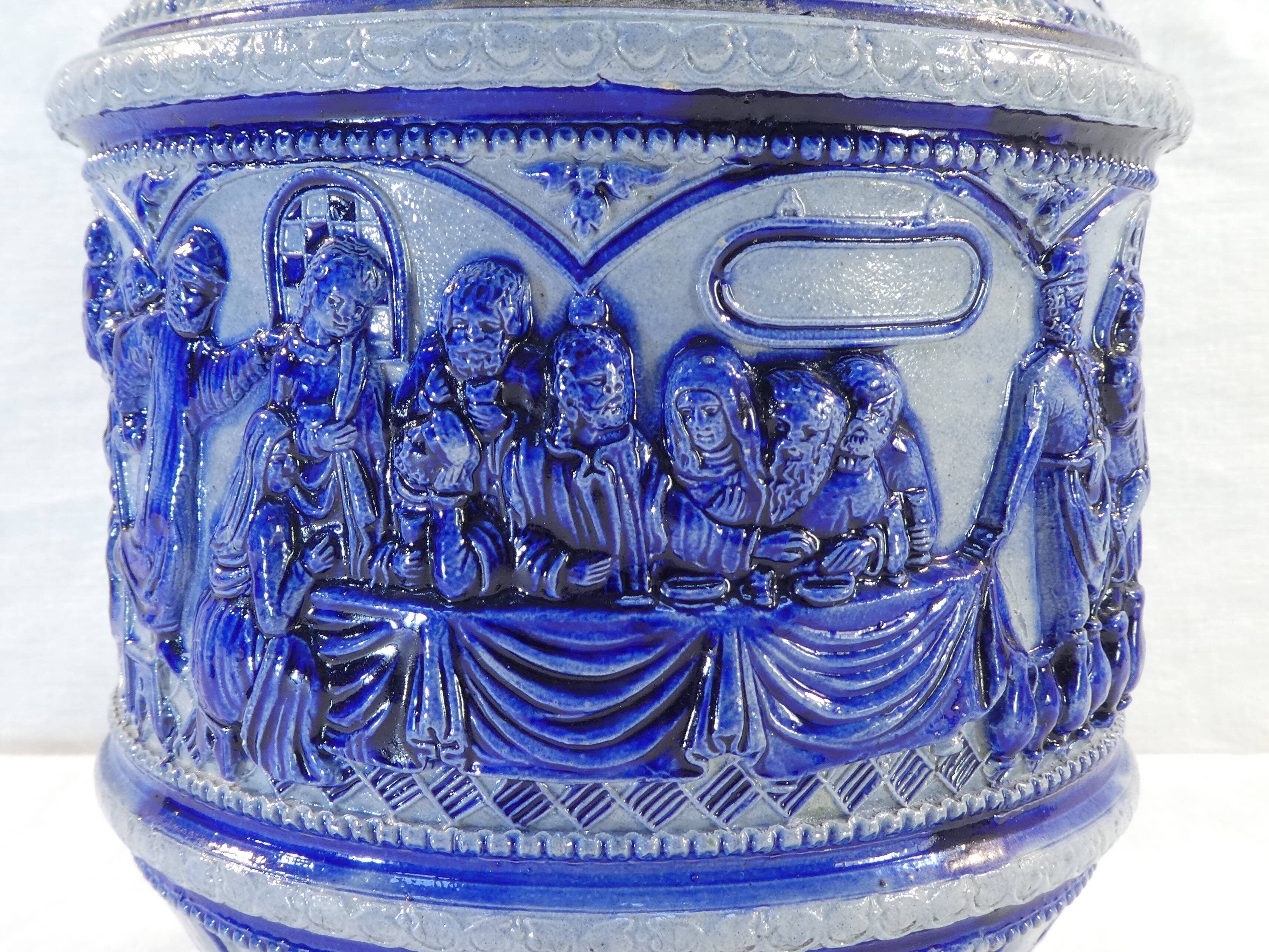 Large pitcher with gres Blue Ceramic ALLEMENAND WESTERWALD Meal scene