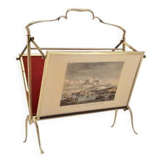 Vintage brass magazine rack, with etchings, foldable, 1940s, French