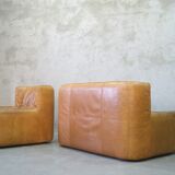 Brutalistic italian leather living room set, 1970, set of 2