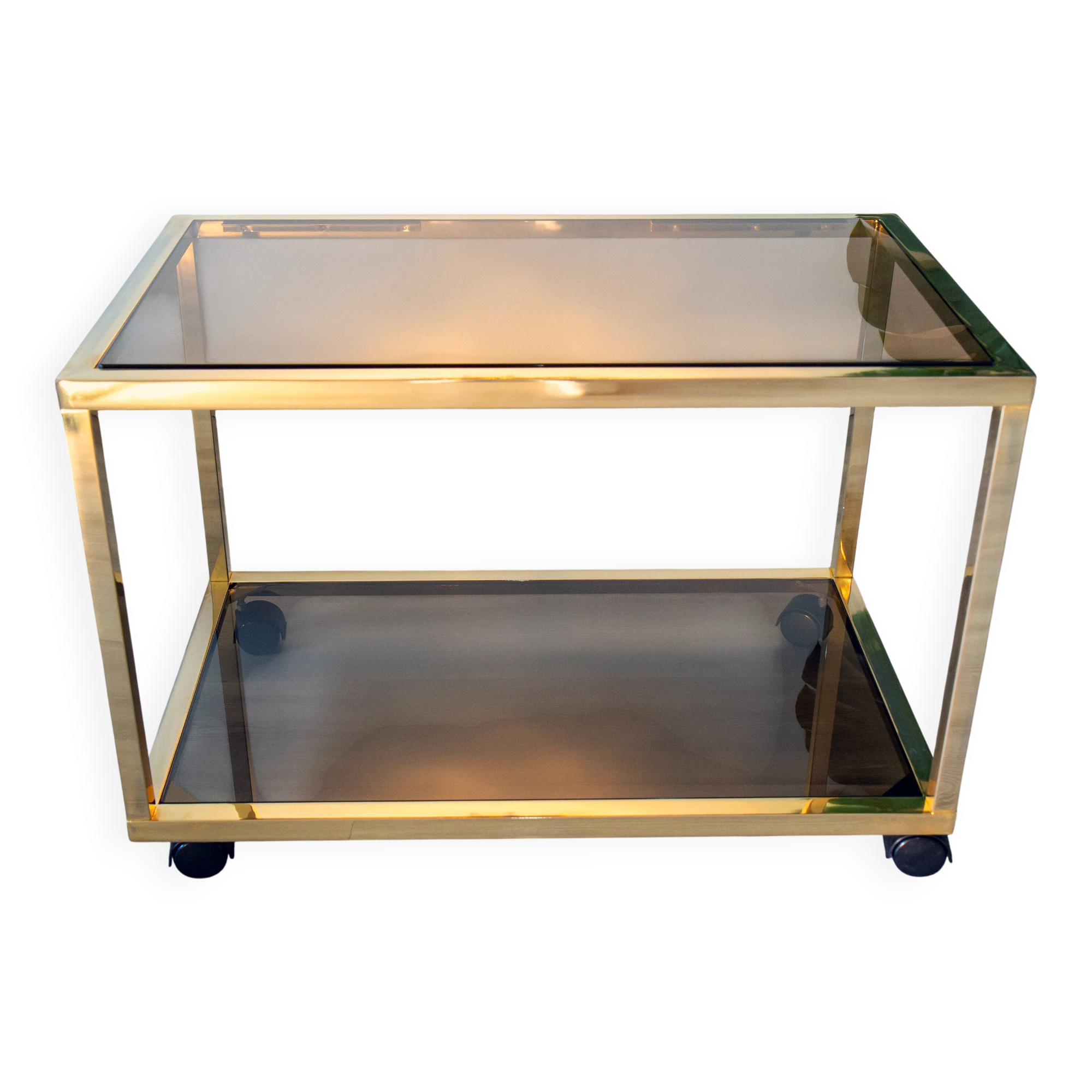 Desserte, Table d'appoint métal doré et verre fumé, 1970-80