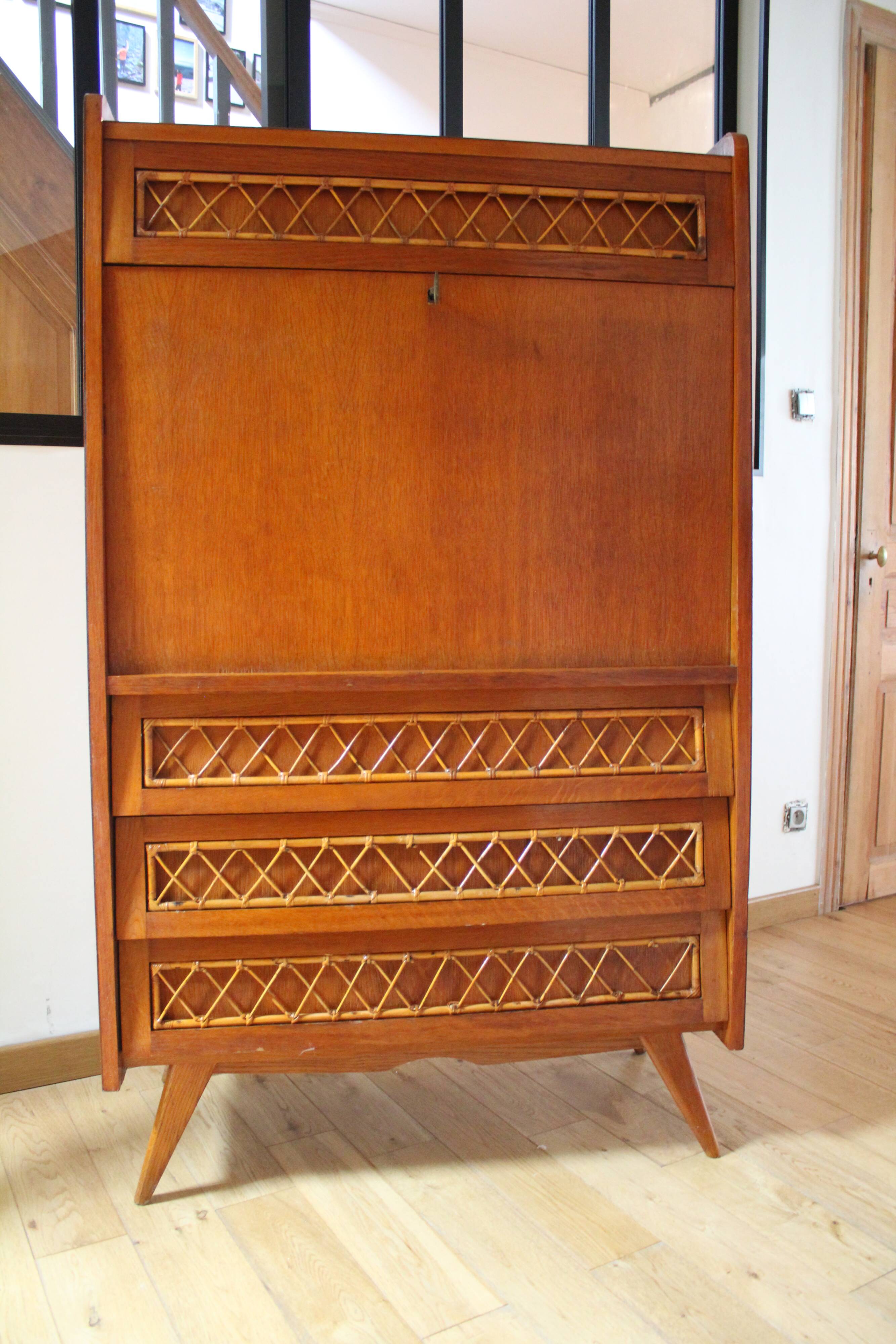Wood and rattan secretary