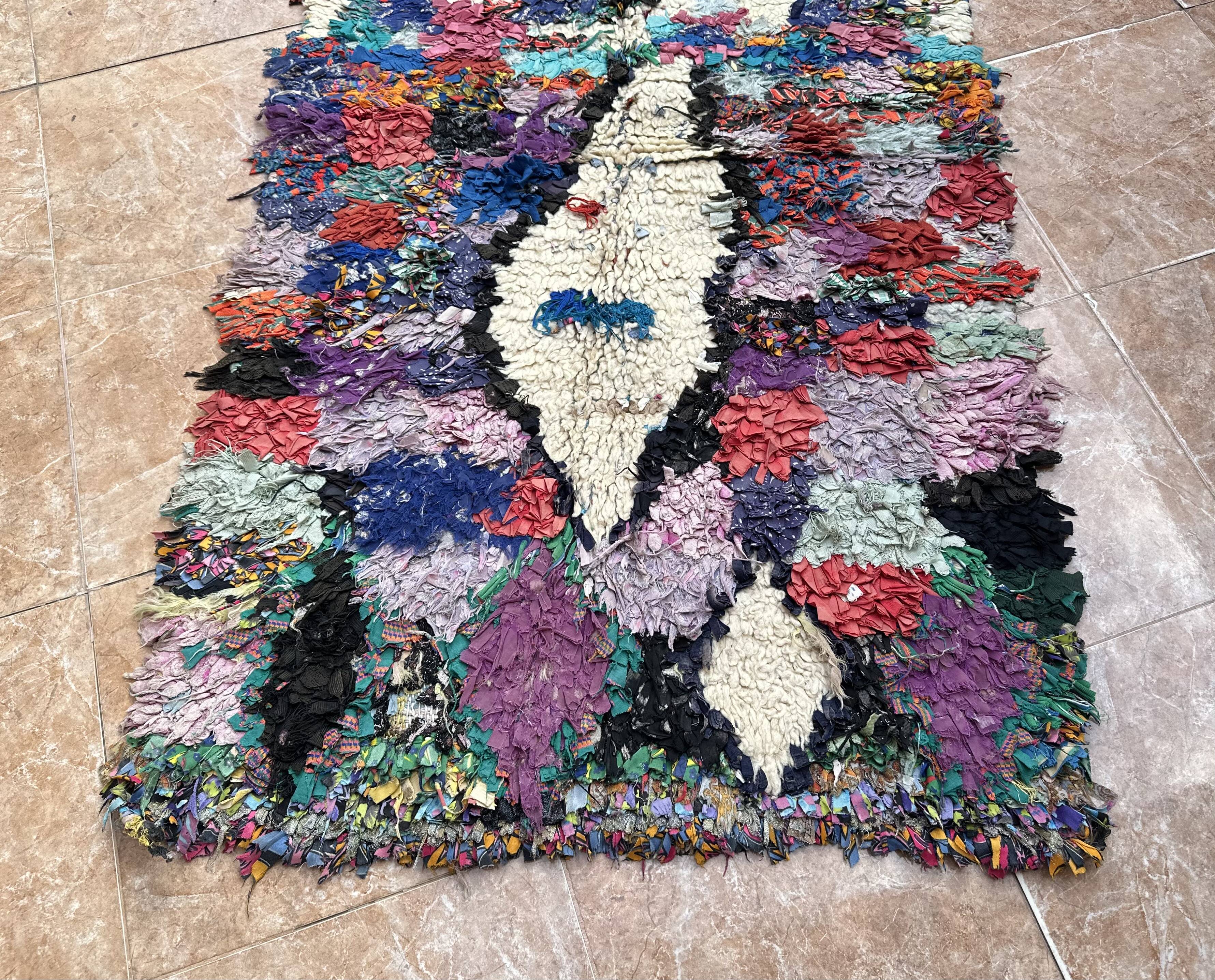 Vintage Moroccan Boucherouite rug: small abstract rug