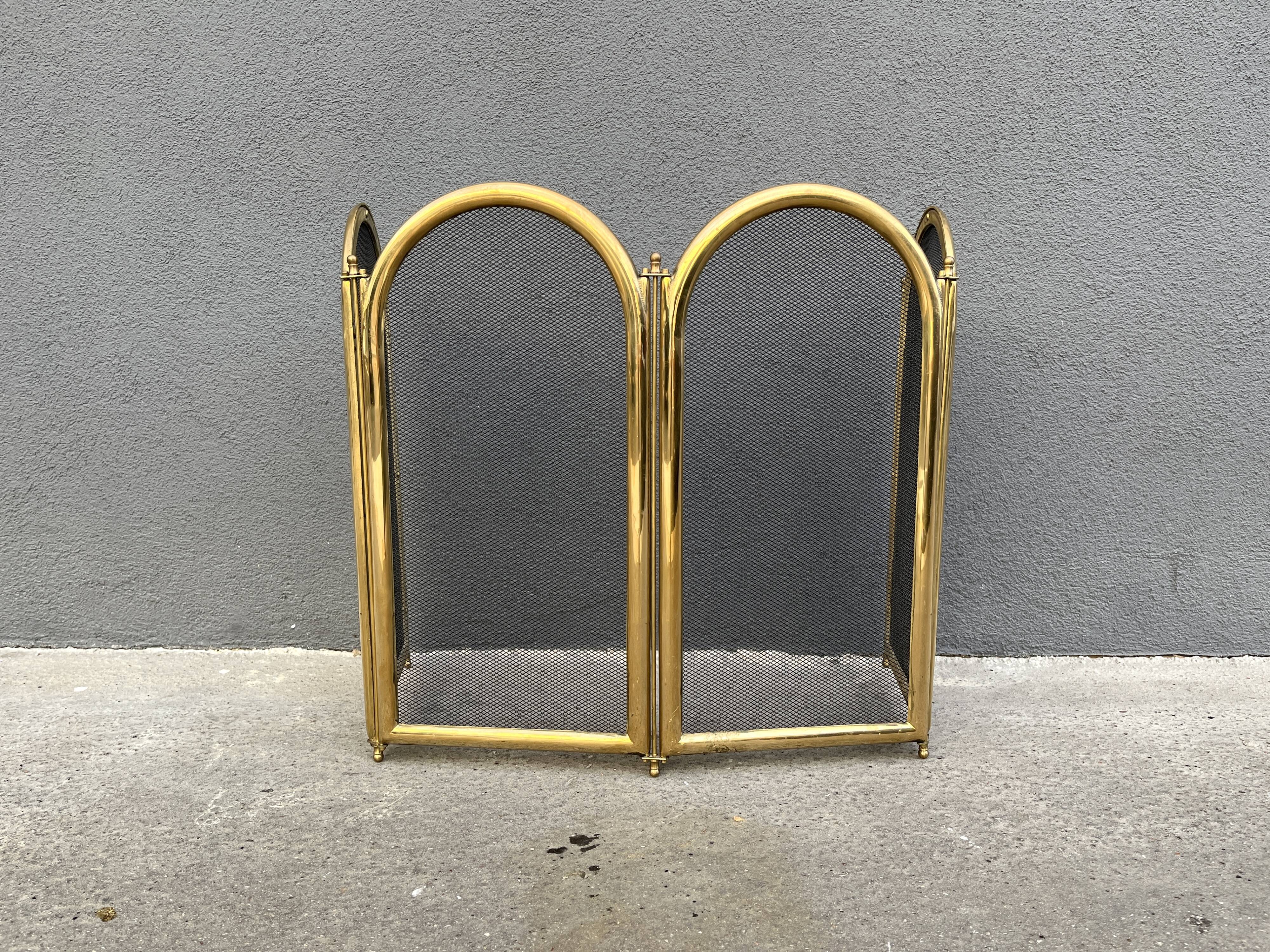 Antique 1920s Brass Fireplace Screen, Vintage French 4-Panel Spark Guard