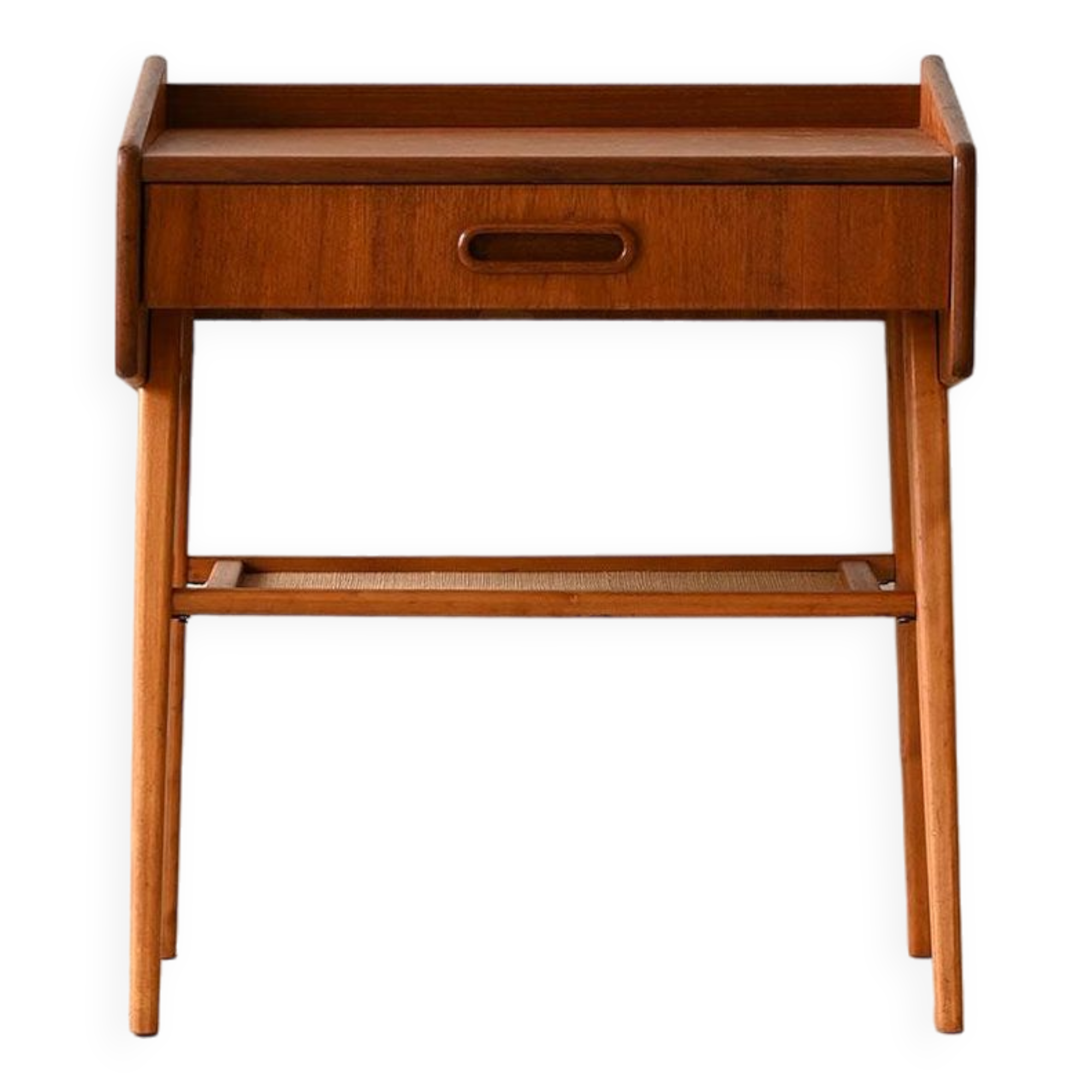 Bedside table with rattan magazine rack