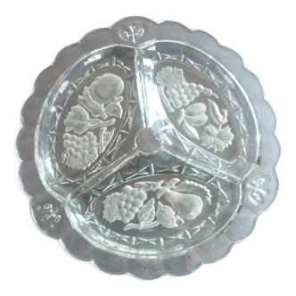 Trilobed dish décor fleurs-de-lys & fruits Art Deco molded pressed glass