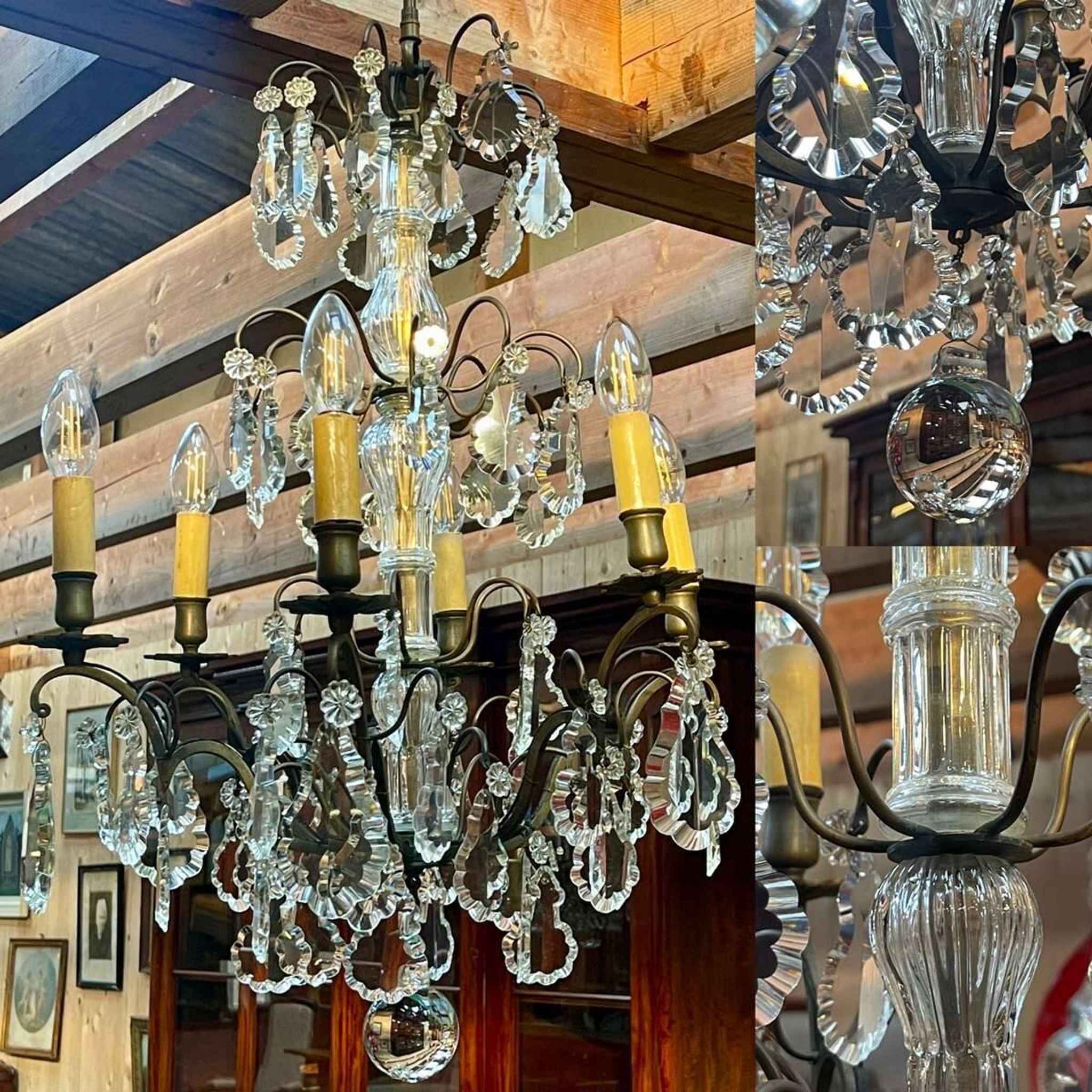 Bronze and cut crystal chandelier with 6 lights, early 20th century work.