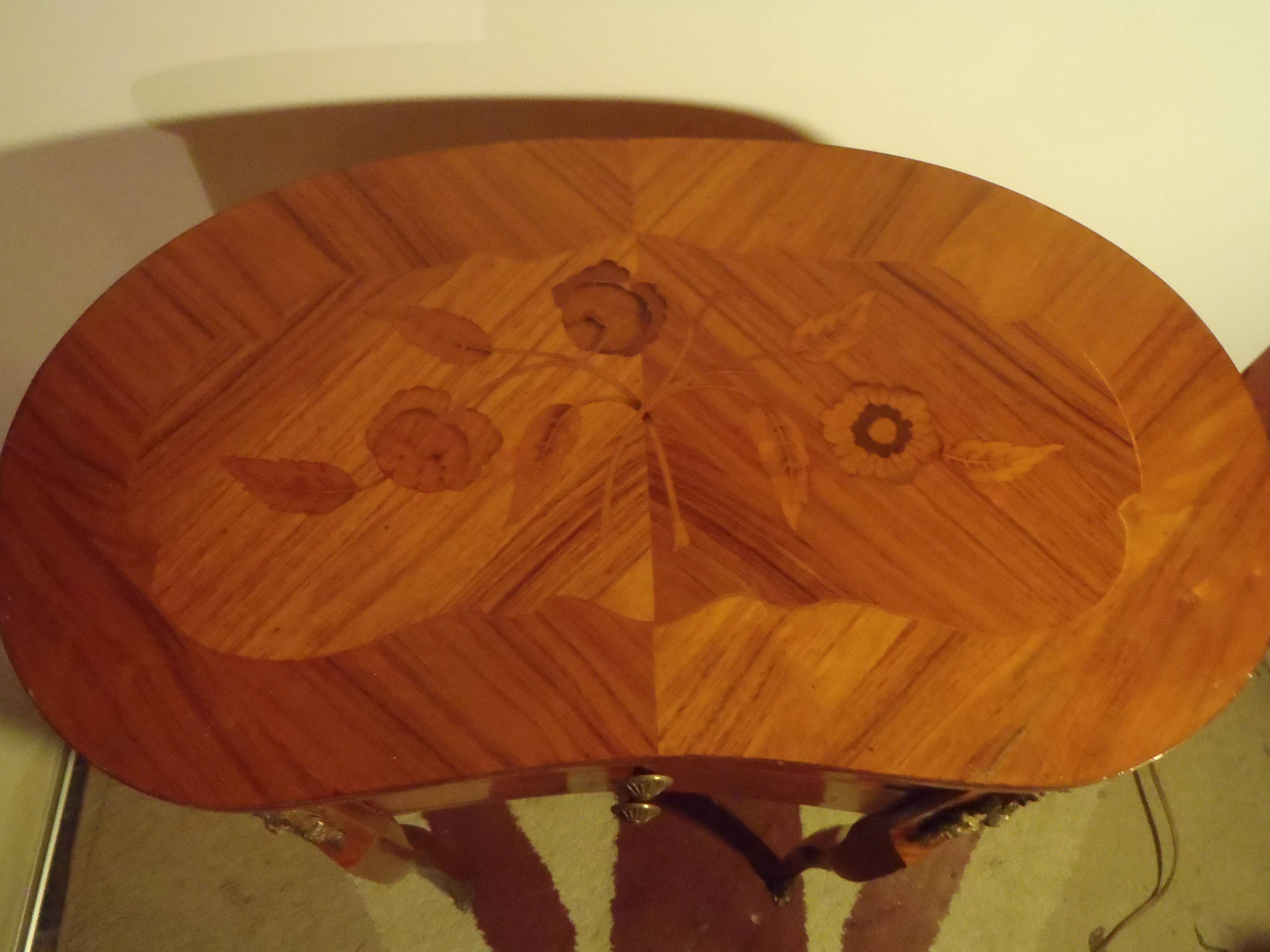 Louis XV style bedside table with varnished marquetry.