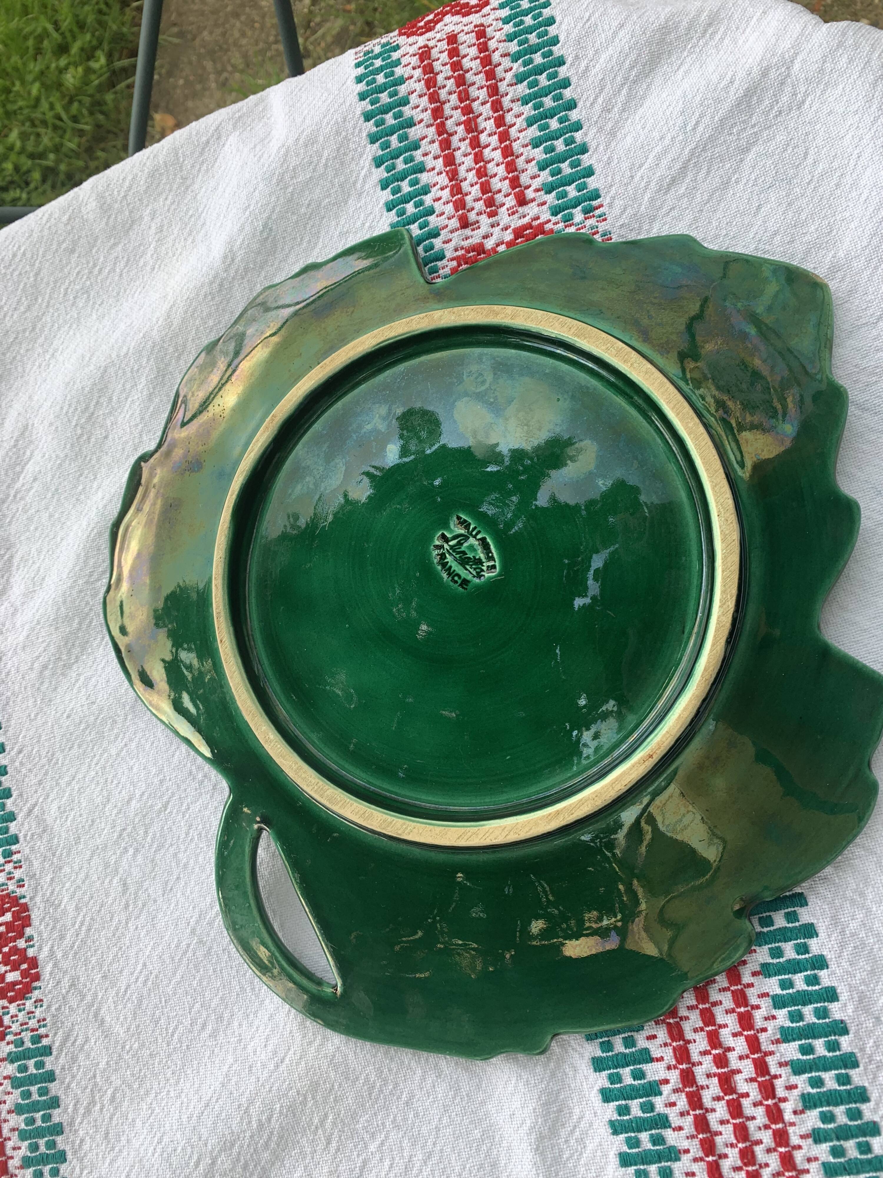 Green enameled ceramic leaf dish, slip, Lunetta vallauris stamps, vintage