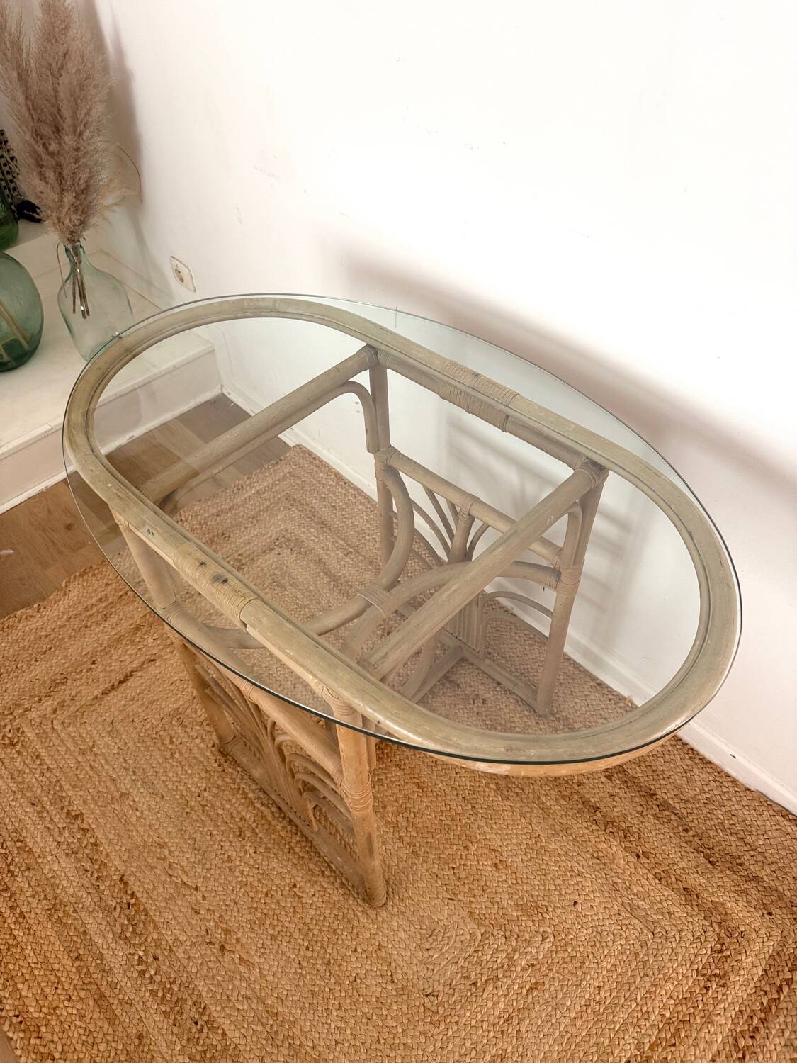 Small oval dining table in rattan "Double Gerbe" – Duo Rivie format