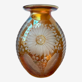 Bohemian vase engraved amber yellow iridescent overlay