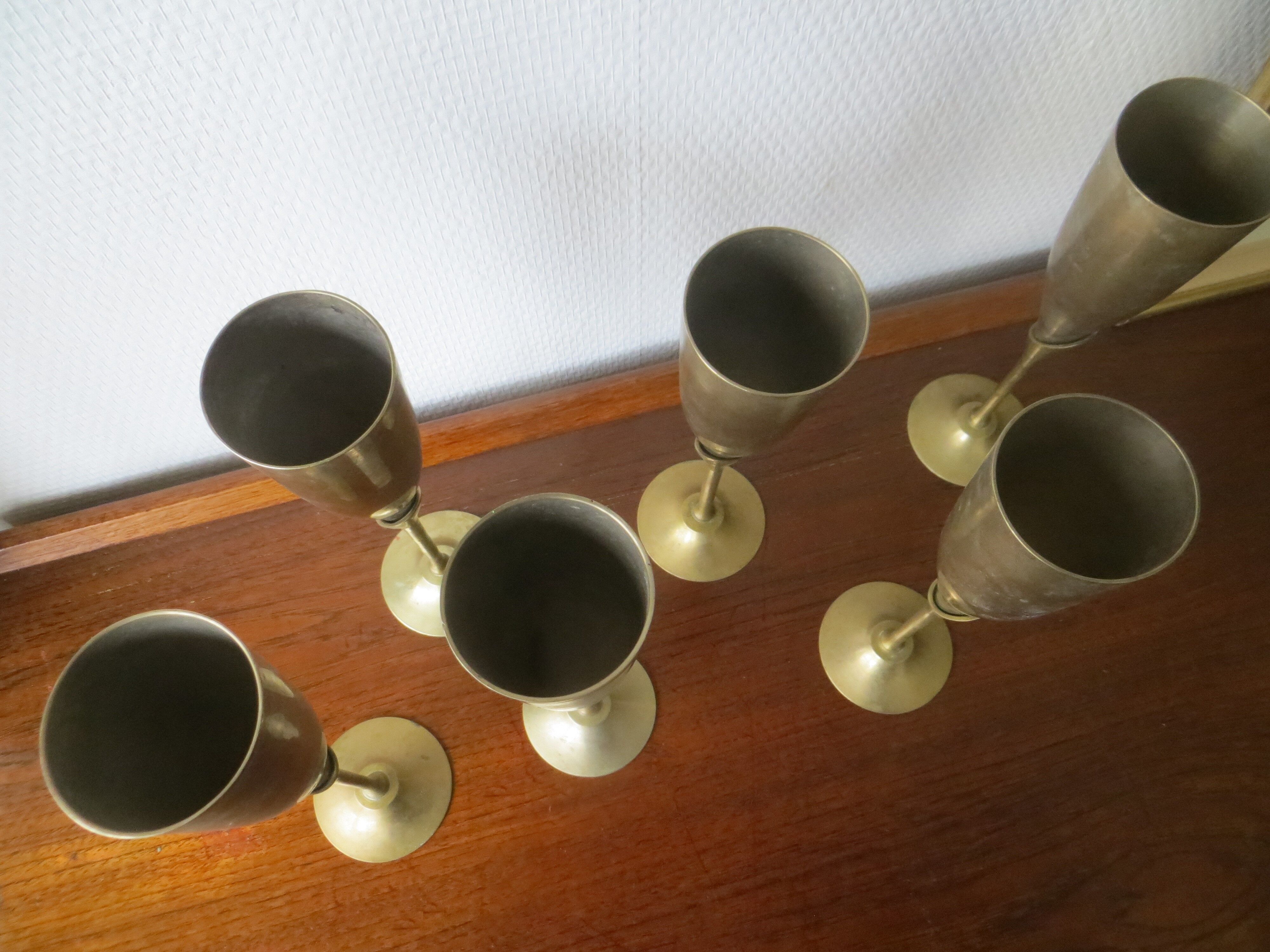 6 vintage metal Champagne flutes