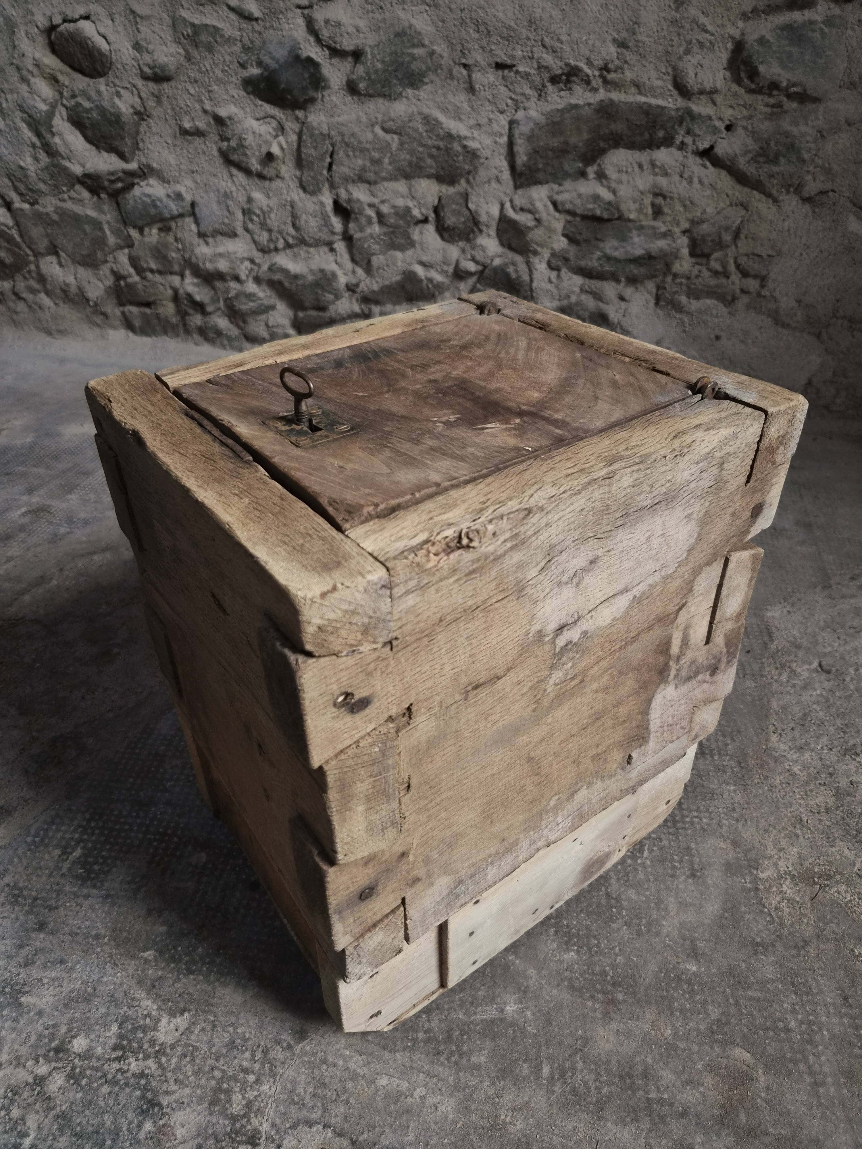 French antique oak safe, lockable rustic chest, circa 1750–1850.