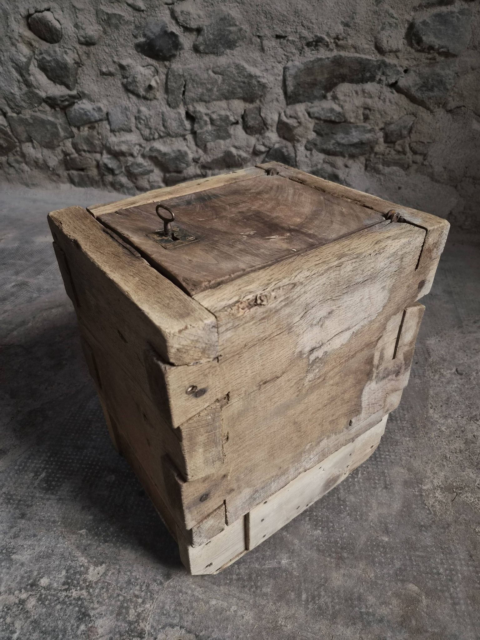 French antique oak safe, lockable rustic chest, circa 1750–1850.