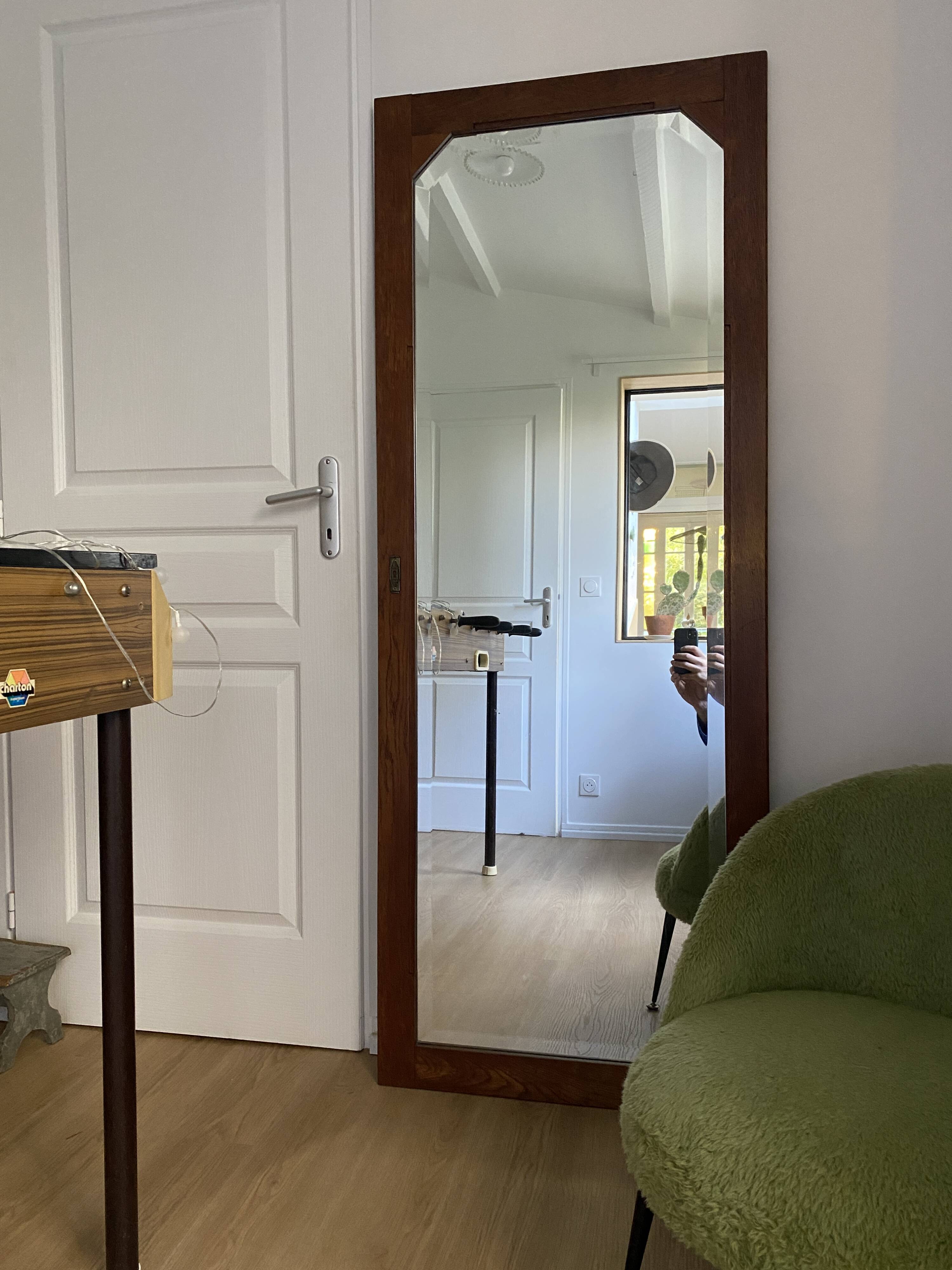 Large vintage Art Deco bizote mirror to place or hang, solid wood frame