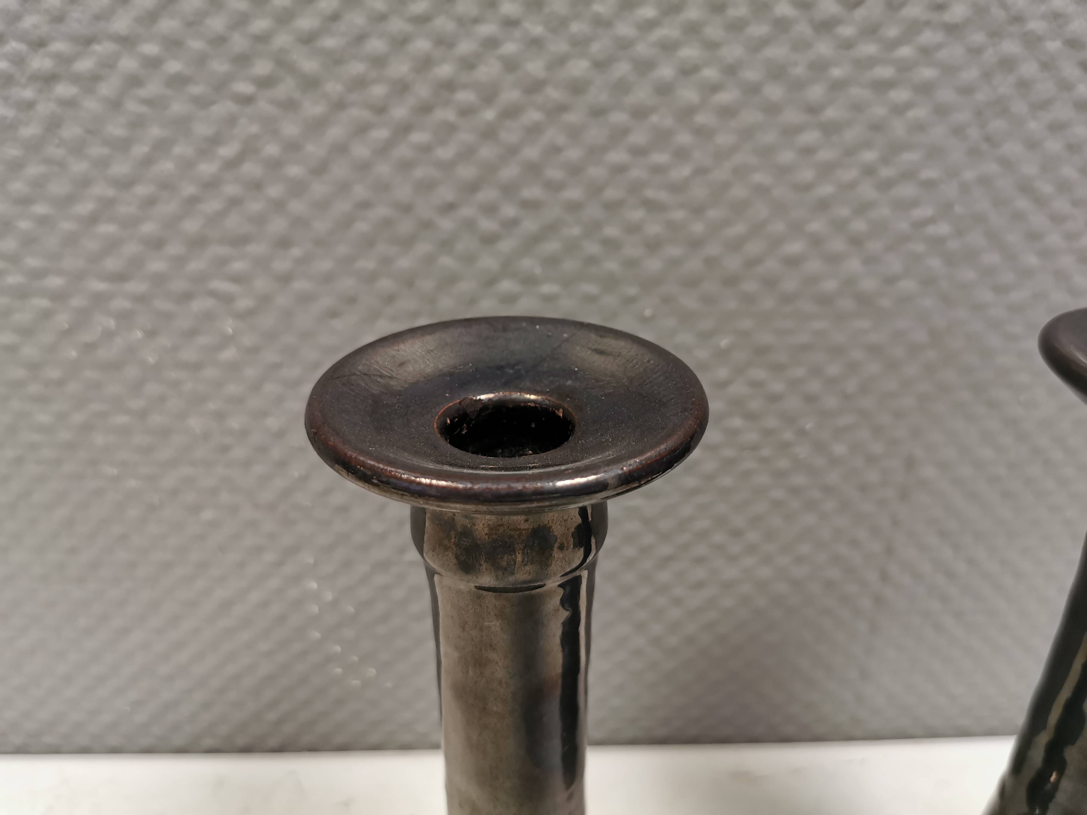 A set of ceramic candlesticks in bluish metallic glaze, Denmark 1980s